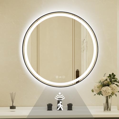 30 Inch Round Black Framed LED Bathroom Mirror by JingYiMingJing