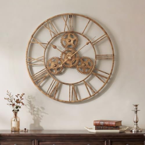 Cuspin 24 Inch Wall Clock with Gears, Industrial Metal Clock, Antique Gold by Cuspin