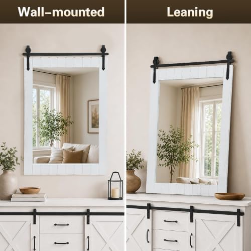 Besdomus Farmhouse Bathroom Vanity Mirror: 24"x36" White Rustic Barn Door - Image 5