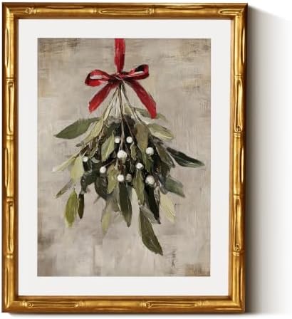 InSimSea Gold Bamboo Framed Christmas Wall Art, Retro Mistletoe by InSimSeaArt