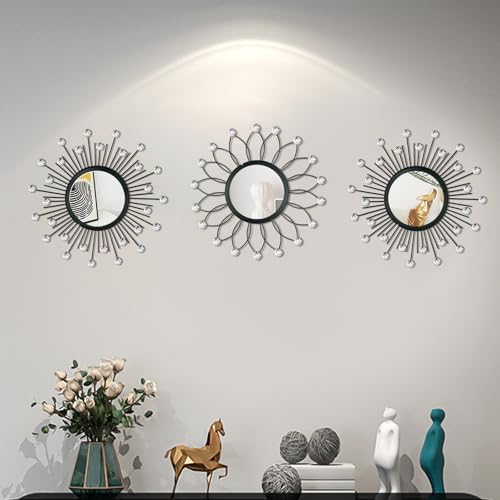 3 Pack Metal Mirrors for Wall Sunburst Wall Mirror Black Crystal Wall Art - Image 4
