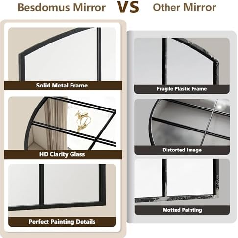Besdomus Large Black Arched Mirror: 42"x28" Wide Arched Window Mirror - Image 4