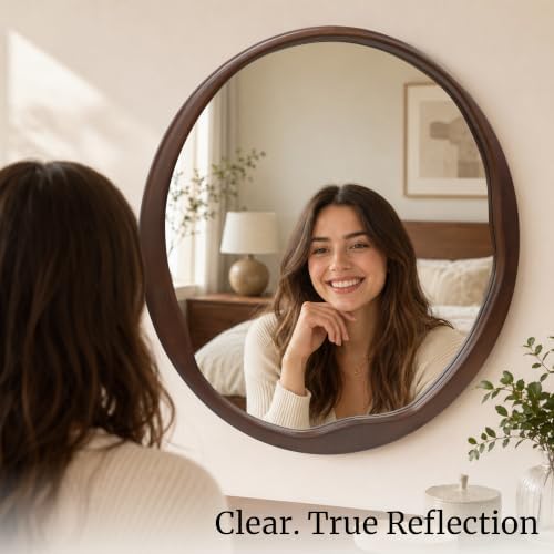 Dark Walnut 36 Inch Round Wood Wall Mirror, Asymmetrical Inner Edge - Image 5