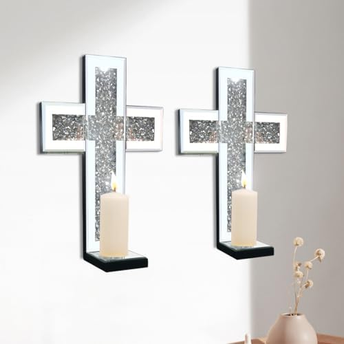 Mirrored Wall Candle Sconces Holder Set of 2, Wall Decor Living Room by Aeveco