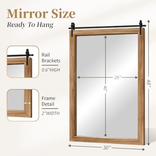 Farmhouse Bathroom Vanity Mirror, 48”x 30” Wood Barn Door Mirror, Light Brown - Image 2