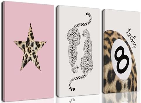 Hwetui Trendy Leopard Canvas Wall Art Set of 3 Funky Lucky 8 Ball Posters by Hwetui