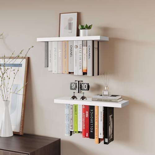 Floating Bookshelves for Wall, Rustic Wood Hanging Wall Bookshelf, Upside Down - Image 2