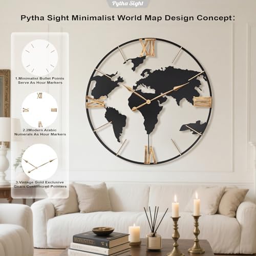 Pytha Sight 36 Inch Large Extra Metal Oversized Roman World Map Wall Clock - Image 3