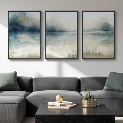 Large Framed Blue Abstract Landscape Wall Art, 3 Piece Set, Each 20x30 In by Cuspin
