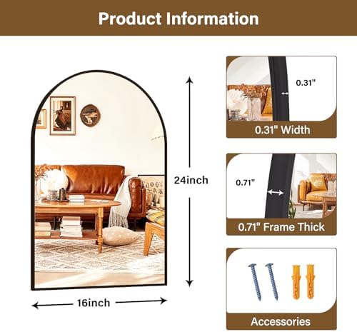 XRAMFY 16"x24" Black Arched Bathroom Mirror - Image 5