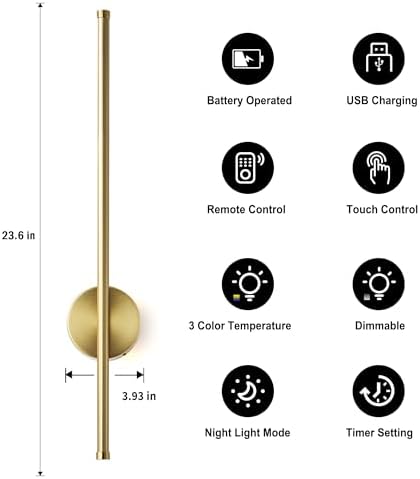 KARTOOSH Battery Operated Modern Wall Sconce Set of Two, 23.6 Inch Brass - Image 4