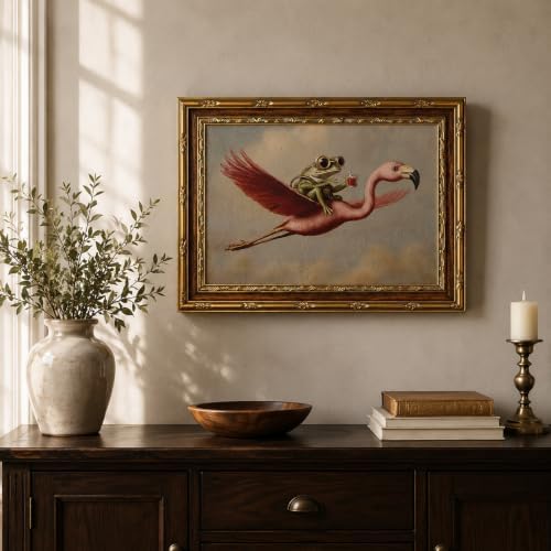 Gold Framed Funny Frog Flamingo Canvas Wall Art 12x16 Inch - Image 2