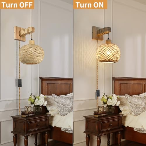 Woven Rattan Plug in Wall Sconce, 15 RGB Dimmable Boho Light - Image 4