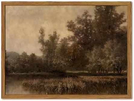 Framed Vintage Landscape Canvas Wall Art, Rustic Forest Lake Wall Decor by Unknown