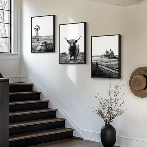 Framed Highland Cow Wall Art for Living Room, 3 Piece Black and White Farmhouse - Image 4