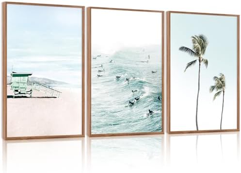 CHDITB Coastal Palm Tree Framed Wall Art, Seaside Beach Surfing Posters by CHDITB