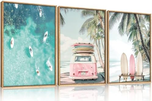 HOURIA Summer Surfboard Beach Framed Canvas Wall Art Set-24"x36"x3 by HOURIA