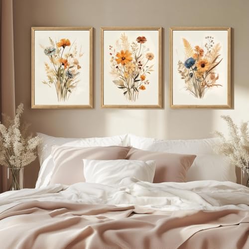 Hianan Wood Framed Vintage Orange Wildflower Wall Art Set of 3, 16x24 in - Image 2