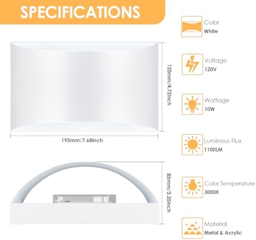 Modern LED Wall Sconces Set of 2, 3000K White Indoor Wall Light Fixture - Image 2