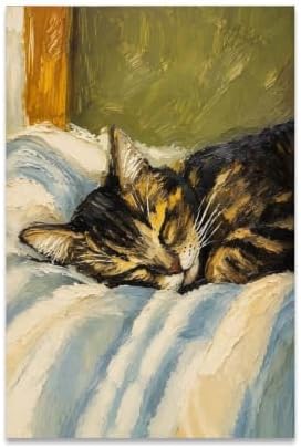 Cat Poster Sleeping Cat Oil Painting Cozy Vintage Canvas Wall Art by Unknown