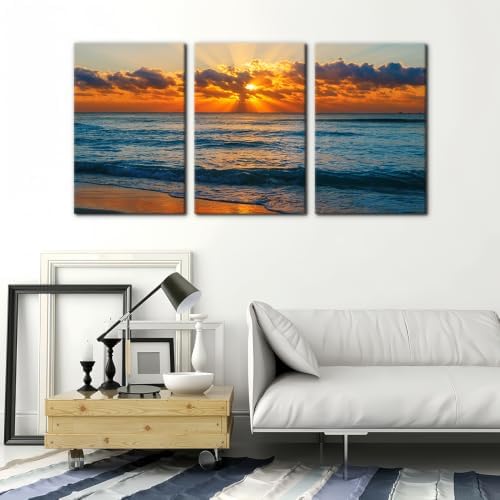 Pacimo 3 Pieces Sunset Tropical Beach Modern Canvas Wall Art Gallery Wrapped - Image 3