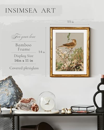 InSimSea Gold Bamboo Framed Wall Art, Spring Bird on Branch Prints - Image 3