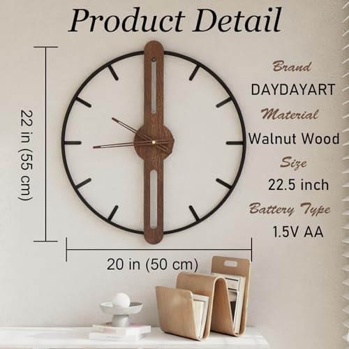 Modern Walnut Dial Wall Clock, Wood Large Wall Clock Decor Metal Frame Silent - Image 3