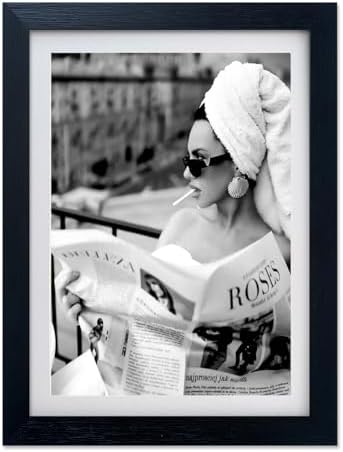 Framed Black and White Canvas Wall Art Woman Reading Newspaper Print Poster by Fangfey+Art