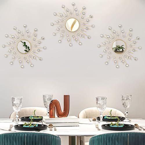 Uaussi 3 Pack Crystal Sunburst Wall Mirror Décor Rhinestone Mirrors Decorative - Image 5