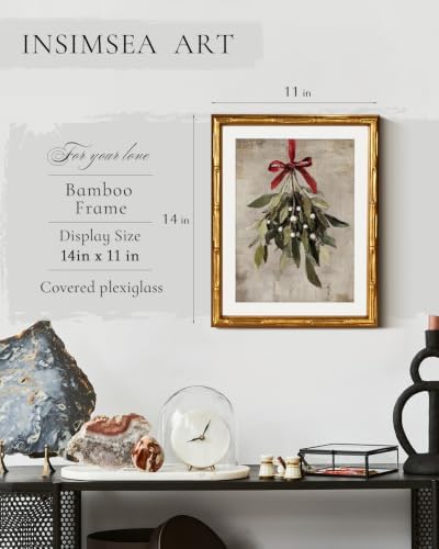 InSimSea Gold Bamboo Framed Christmas Wall Art, Retro Mistletoe - Image 3