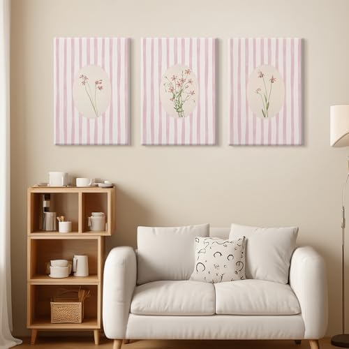 Pink Flower Wall Art Striped Floral Prints Botanical Canvas Wall Decor - Image 6