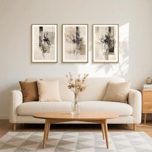 FWIEXA Black Beige Floral Canvas Wall Art Set 3, Neutral Abstract Framed Prints - Image 2