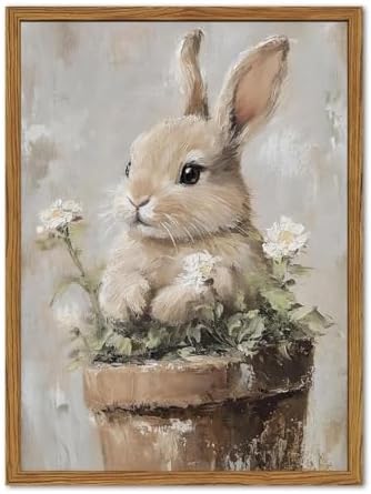 Framed Vintage Easter Bunny Wall Art, Cute Cottagecore Rabbit Floral Pictures by Unknown