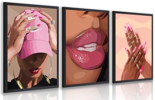 Hianan Wood Framed Fashion Pink Black Girl Wall Art Set of 3, 16x24 in by Unknown
