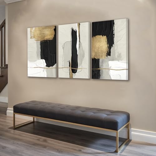 DUWQU Abstract Brushstrokes Canvas Wall Art Black White Gold 20x30 inch x3 - Image 5