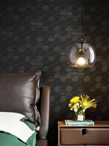 Black Textured 3D Embossed Hexagon Geometric Wallpaper 17.3in x 39.4ft by SimonSiff