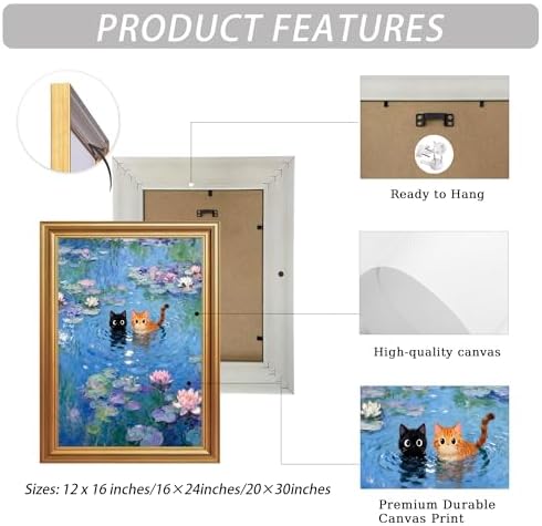 ICHZUMW Gold Framed Funny Cats Monet Water Lilies Canvas Wall Art, 12x16 In - Image 6