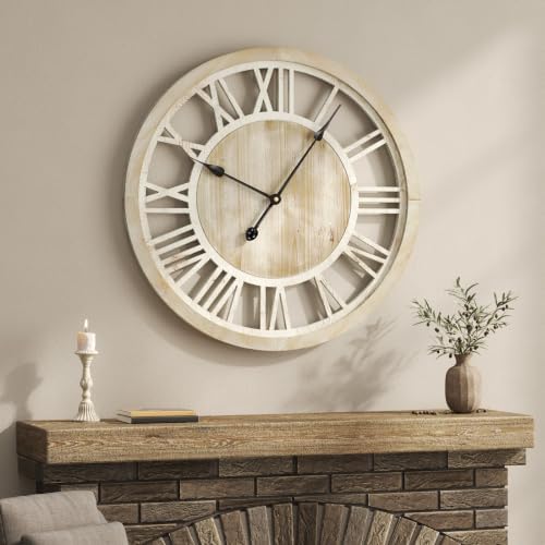 24 Inch Farmhouse Wall Clock for Living Room, Rustic Wood Clock by TOKCLOCKS