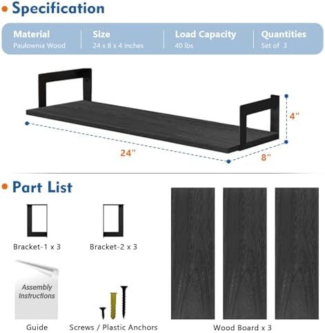 Black Wall Shelves for Bedroom 24 Inch Long, 8 In Deep Floating Shelves - Image 2