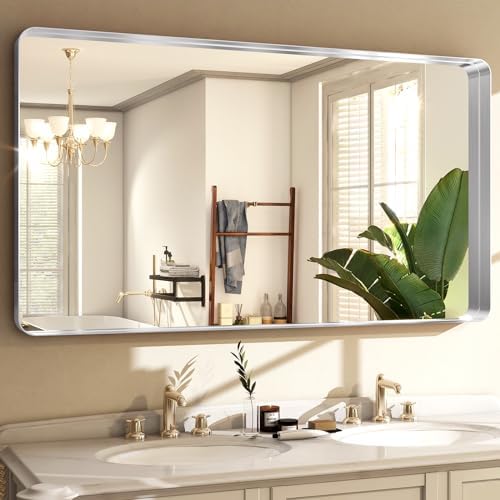 Easly 48 x 30 Inch Silver Bathroom Mirror, Rectangular Wall Mounted - Image 2