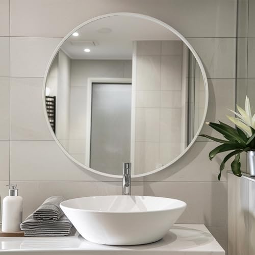 Sunniry Round Mirror 28 inch, Round White Mirror, Matte White Metal Frame - Image 3
