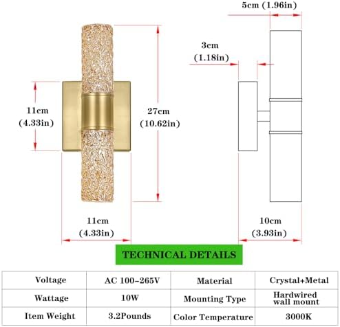 2 Pack Gold LED Wall Sconces, 10W 3000K Warm White Hardwired Wall Mounted Light - Image 4