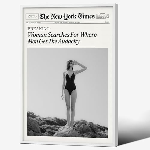 Trendy NewsPaper Wall Art 24x36in White Framed Woman Searches by Unknown