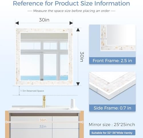 White Framed Bathroom Wall Mirror, 30 x 30 Inch Rectangle Mirrors - Image 3