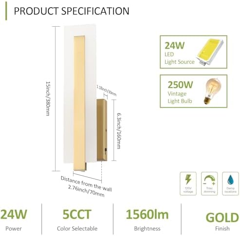 Tipace Hardwired Gold Dimmable Modern LED Wall Sconce 2 Packs 3000K 3500K 4000K - Image 4