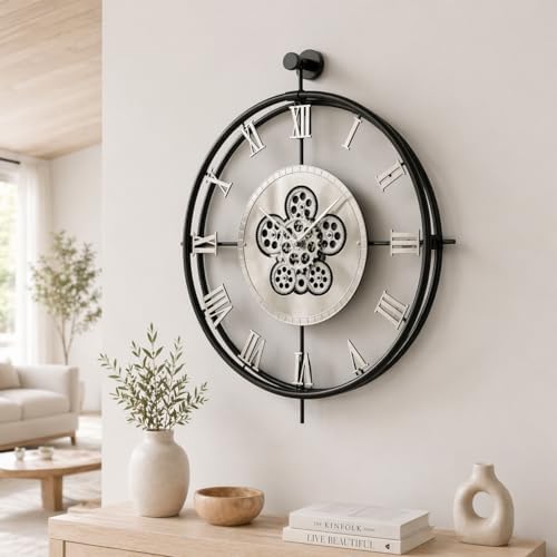 Large Moving Gear Wall Clock – Luxury Metal Ring Roman Numeral Silent - Image 2