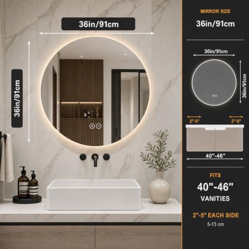 LAIYA 36 Inch Round LED Bathroom Mirror Frameless Backlit Anti-Fog Dimmable - Image 2