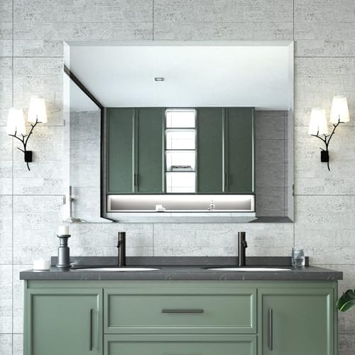 Mirrorons Beveled Mirror 40x32 Frameless Bathroom Wall Mirror Shatterproof by Mirrorons