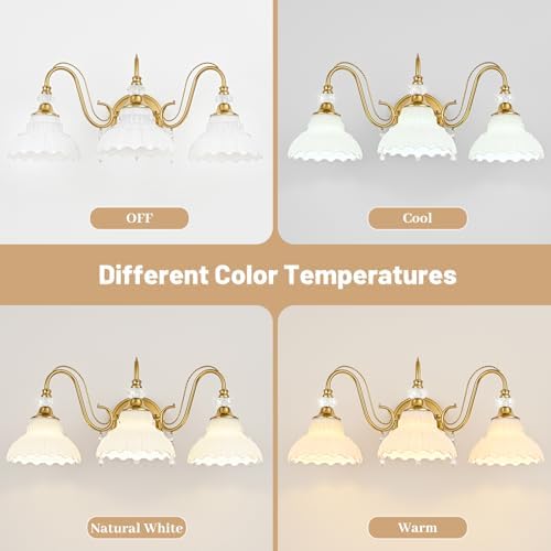 Vintage Bathroom Vanity Light, 3-Light Brushed Gold Finish Wall Sconce - Image 4
