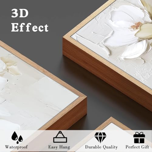 FWIEXA 3D Beige White Floral Canvas Wall Art, Neutral Flower Framed Wall Art - Image 4